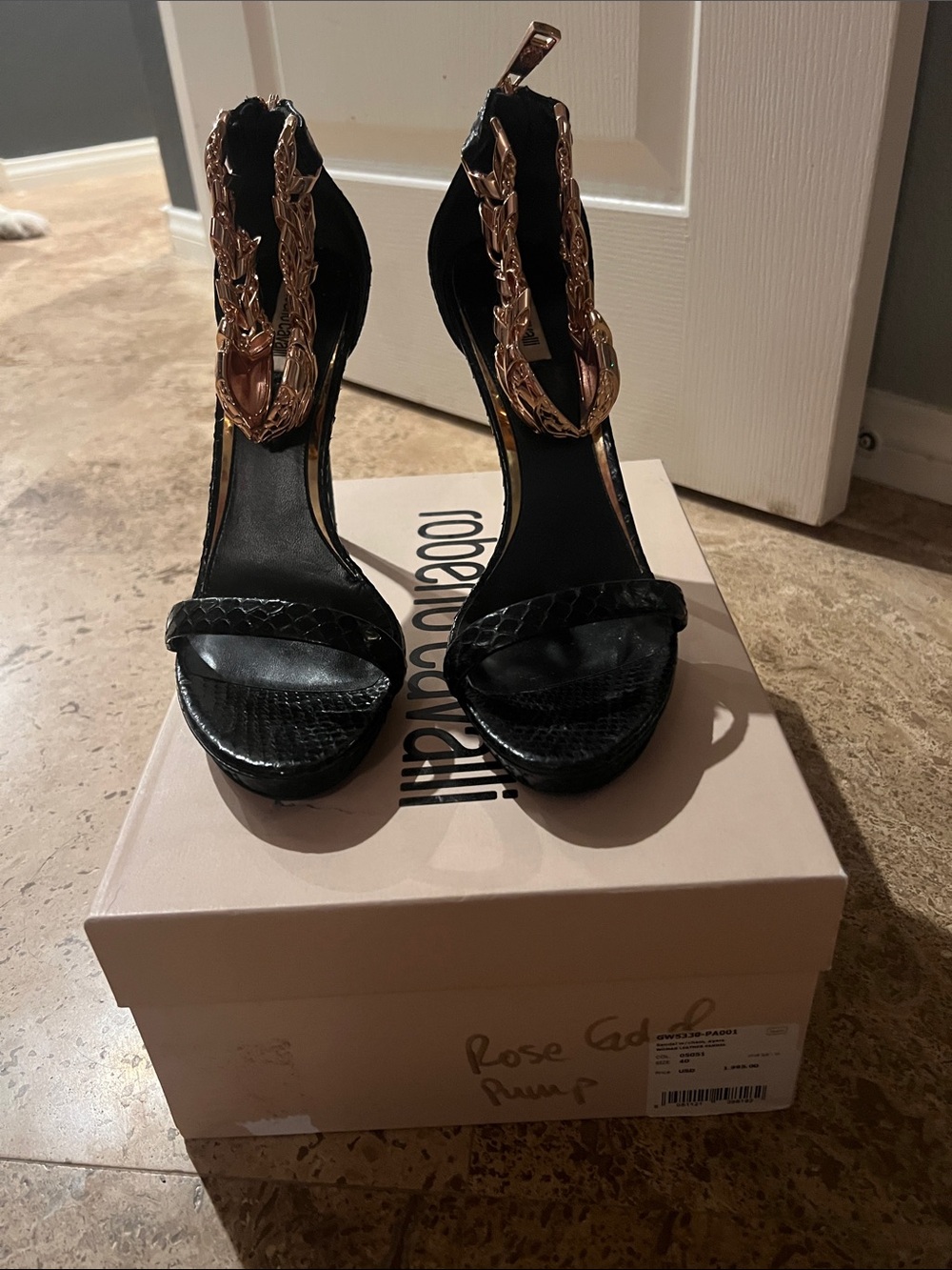 Roberto Cavalli Black Heeled Sandals with Gold Chain Detail